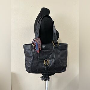 Etienne Aigner Black Leather Shoulder Bag with Tassel